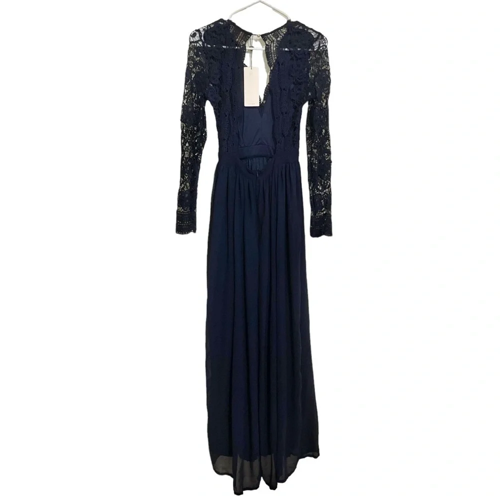 Club L London Beach Indigo Gown Sz 6 Lace Torso Long Sleeve